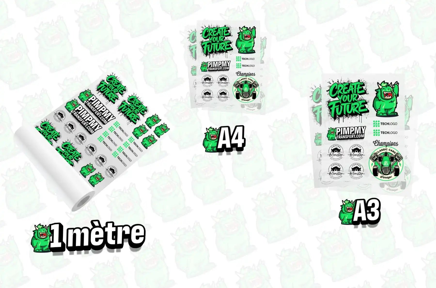 Feuilles d'autocollants vertes et blanches affichant des designs de monstres de dessin animé dans différents formats de taille.