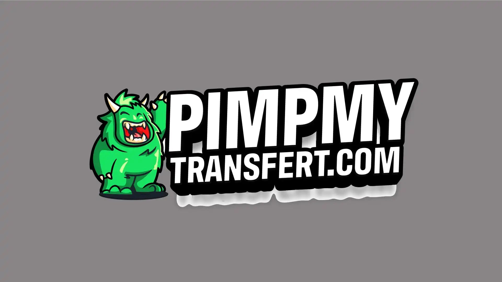 Un logo de mascotte de monstre de dessin animé vert avec le texte 'PIMPMY TRANSFERT.COM'