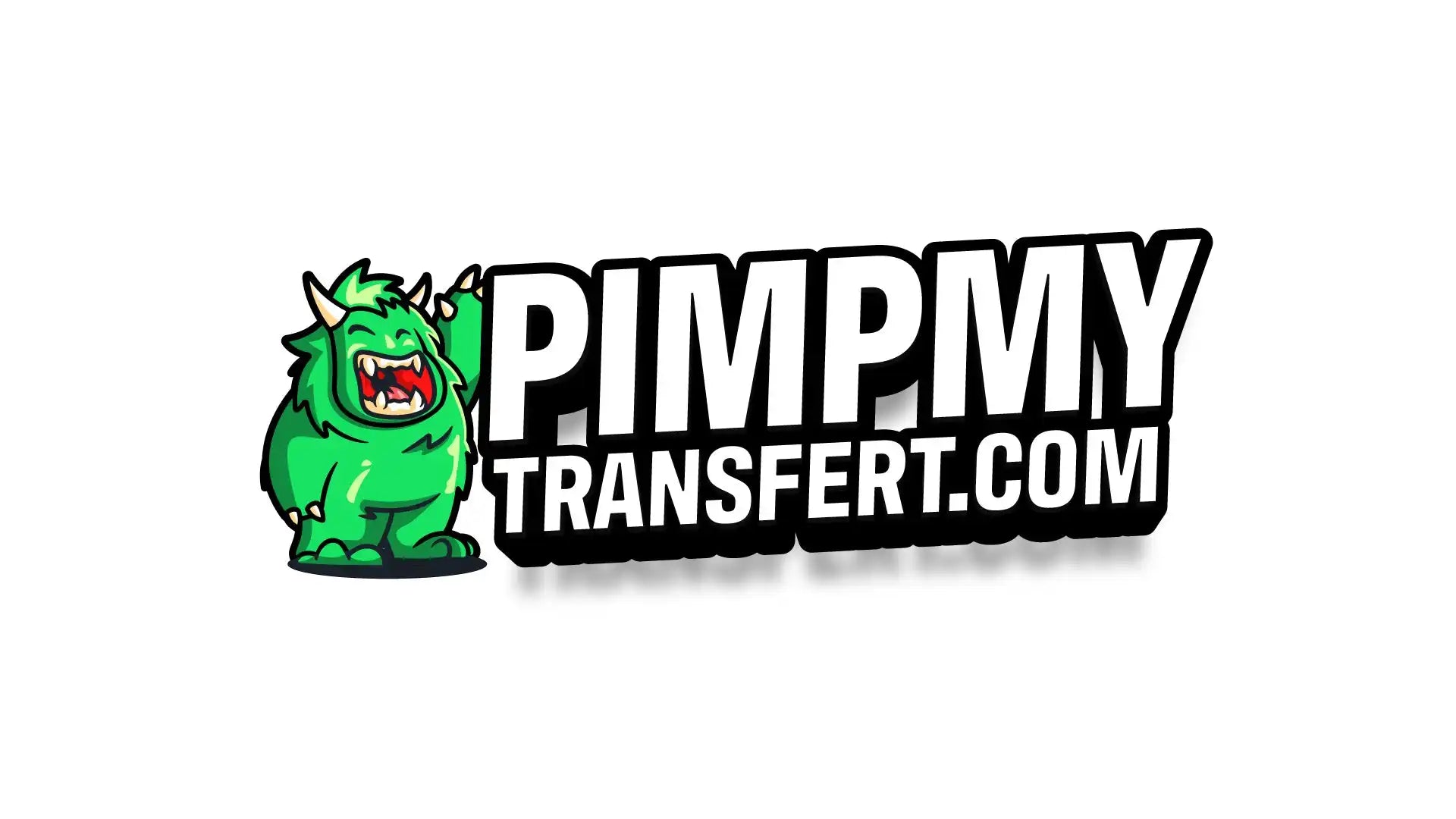 Une mascotte de monstre cartoon vert à côté du logo texte ’PIMPMYTRANSFERT.COM’.
