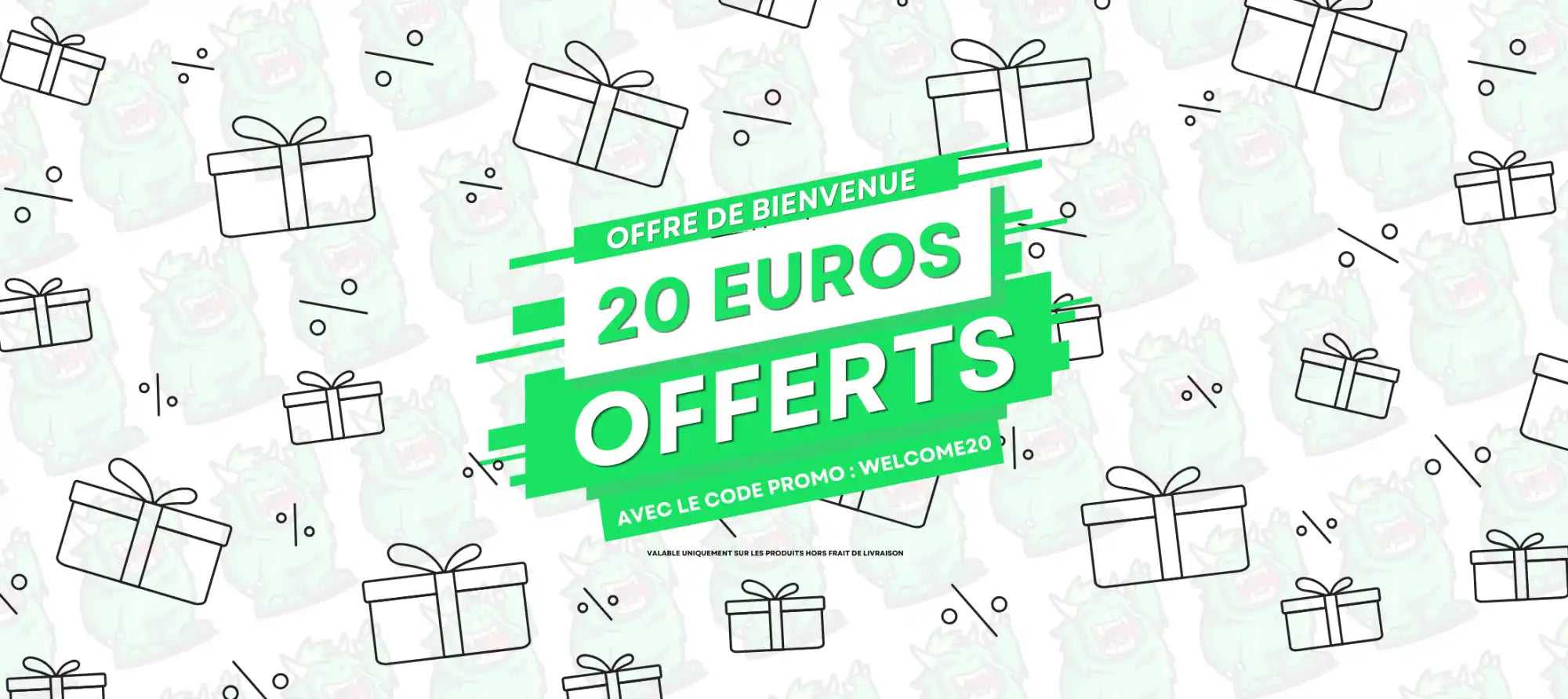 Bannière promotionnelle verte offrant 20 euros en cadeau ou en bonus.