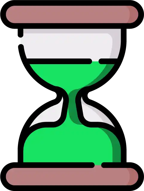 Sablier avec du sable vert coulant entre deux chambres en verre.