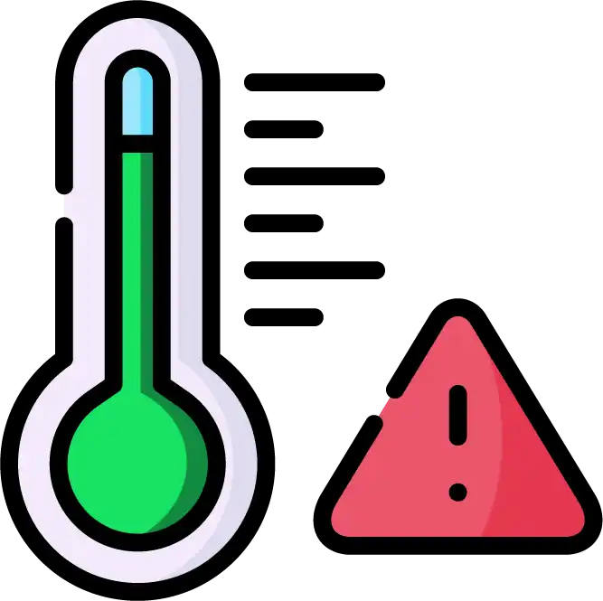 Icône de thermomètre avec des lignes de mesure et un symbole de triangle d'avertissement rouge.